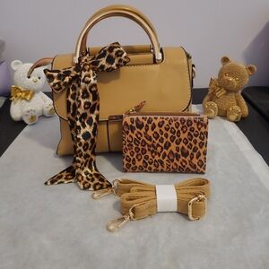 Stylish Tan Crossbody Bag with Leopard Print Accessories